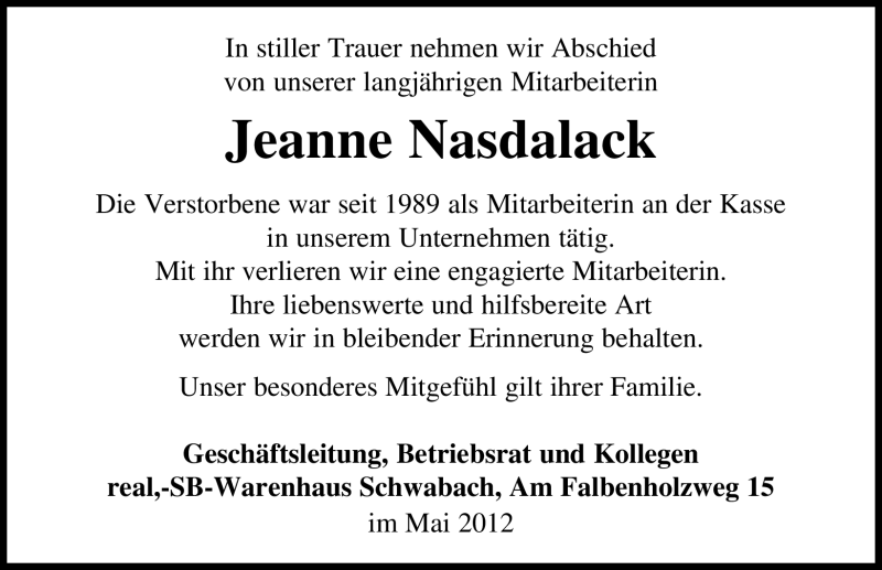  Traueranzeige für Jeanne Nasdalack vom 02.06.2012 aus Schwabach